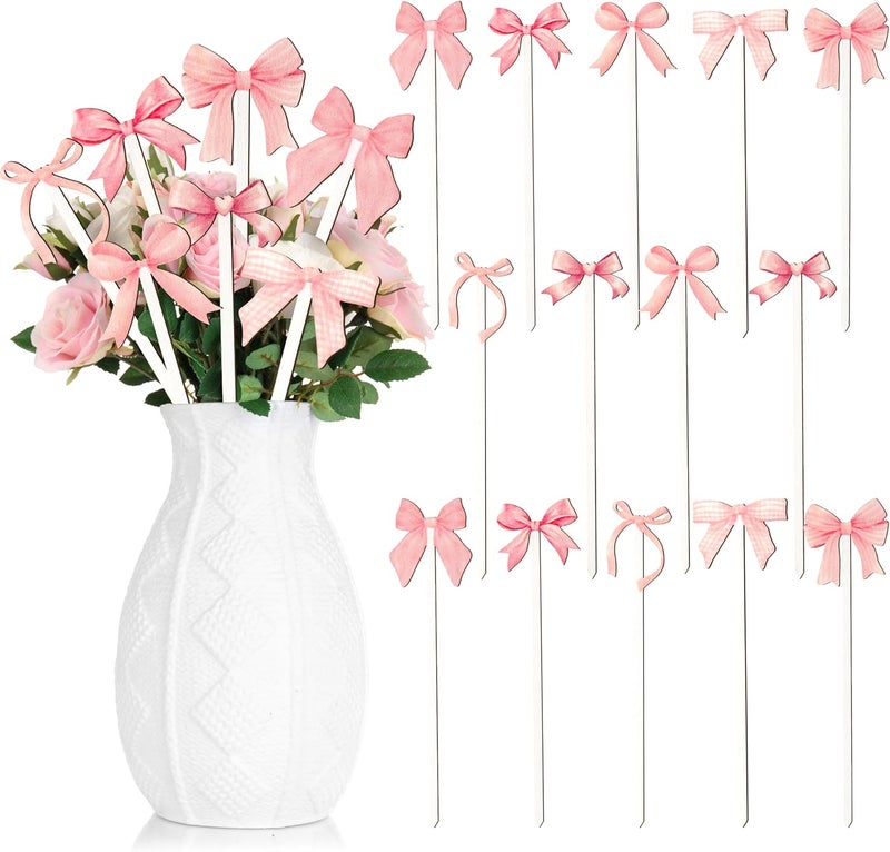TICIAGA Pink Bow Wooden Picks - 14PCS Pink Bow Tie Double-Sided Wooden Decorative Pick for Home Cute Vase Filler Wooden Bow Tie Decorative Pick for Farmhouse Decor Bow Tie Theme Decorations for Home - Image 1